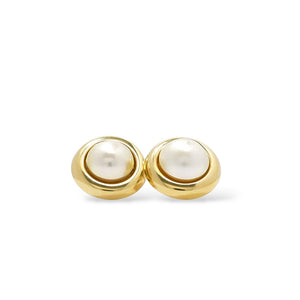 YELLOW GOLD CULTURED HALF PEARL STUD EARRINGS