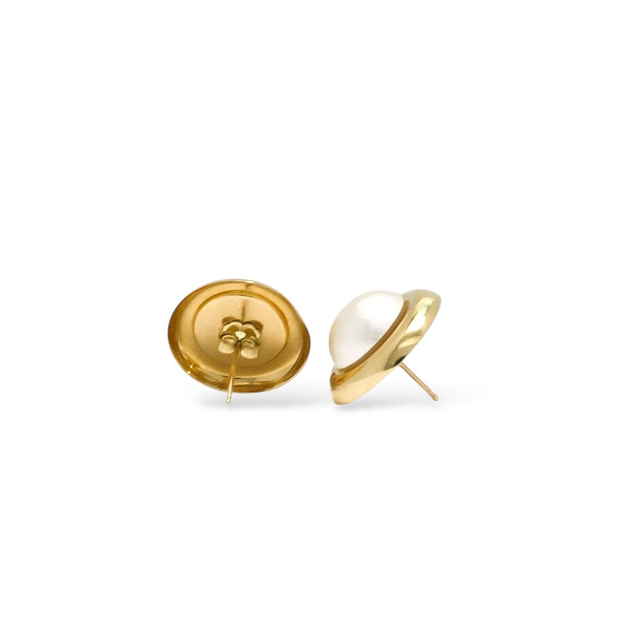 YELLOW GOLD CULTURED HALF PEARL STUD EARRINGS