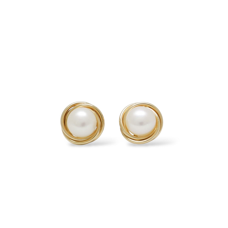 YELLOW GOLD FRESH WATER BUTTON PEARL STUD EARRINGS