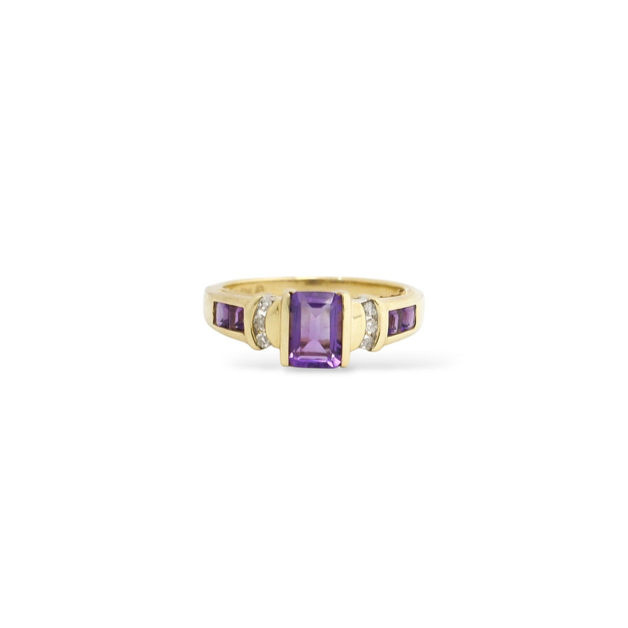 YELLOW GOLD LADY'S RING WITH AMETHYST STONES AND NATURAL DIAMONDS
