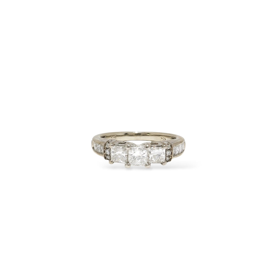 WHITE GOLD PRINCESS CUT PAST,PRESENT,AND FUTURE RING