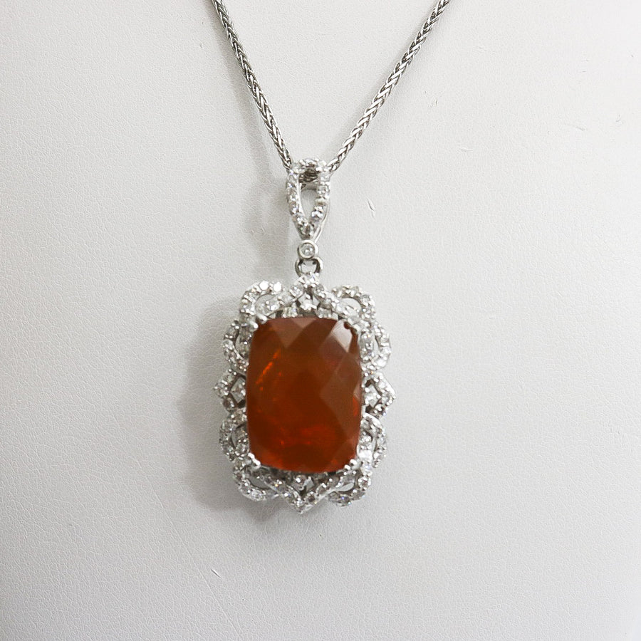 FIRE OPAL & DIAMOND PENDANT NECKLACE