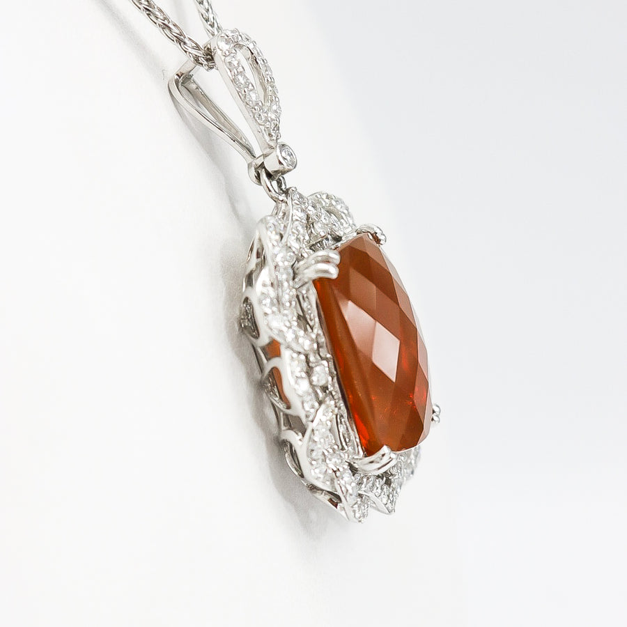NATURAL FIRE OPAL & DIAMOND PENDANT NECKLACE