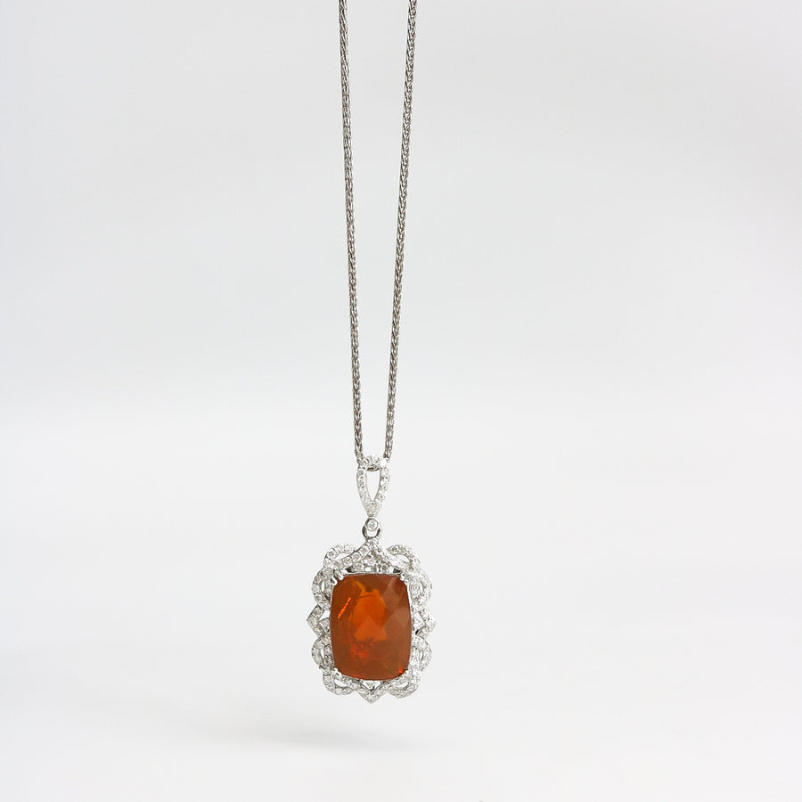 FIRE OPAL & DIAMOND PENDANT NECKLACE