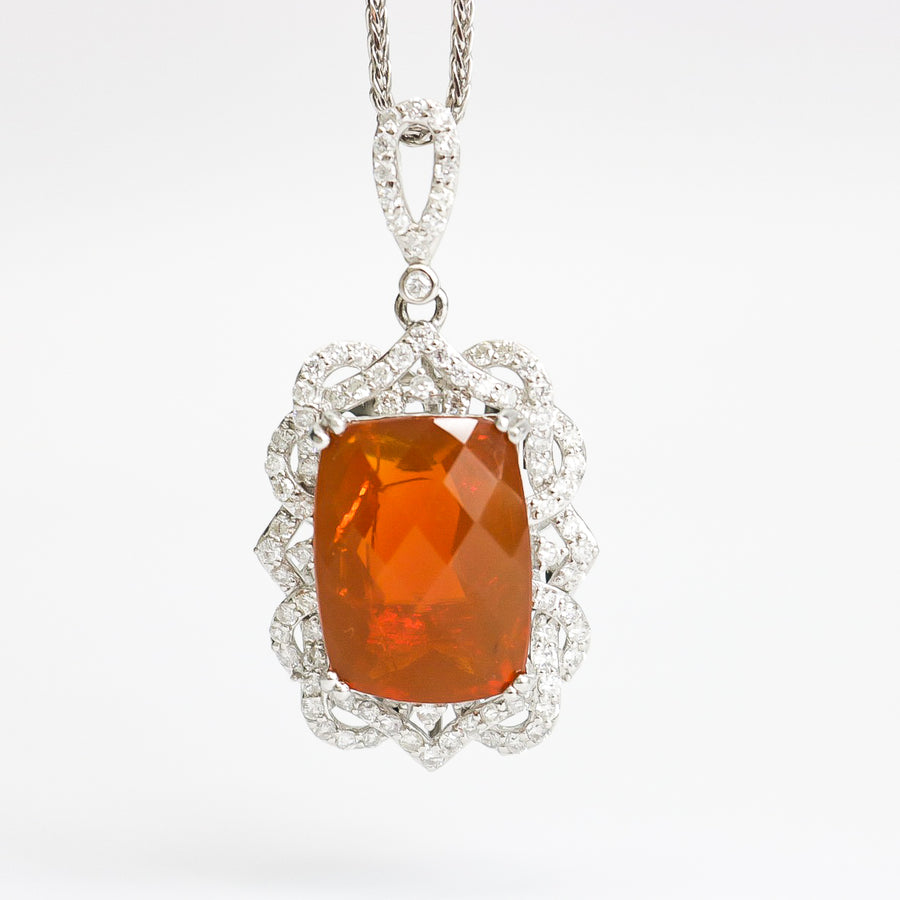 FIRE OPAL & DIAMOND PENDANT NECKLACE