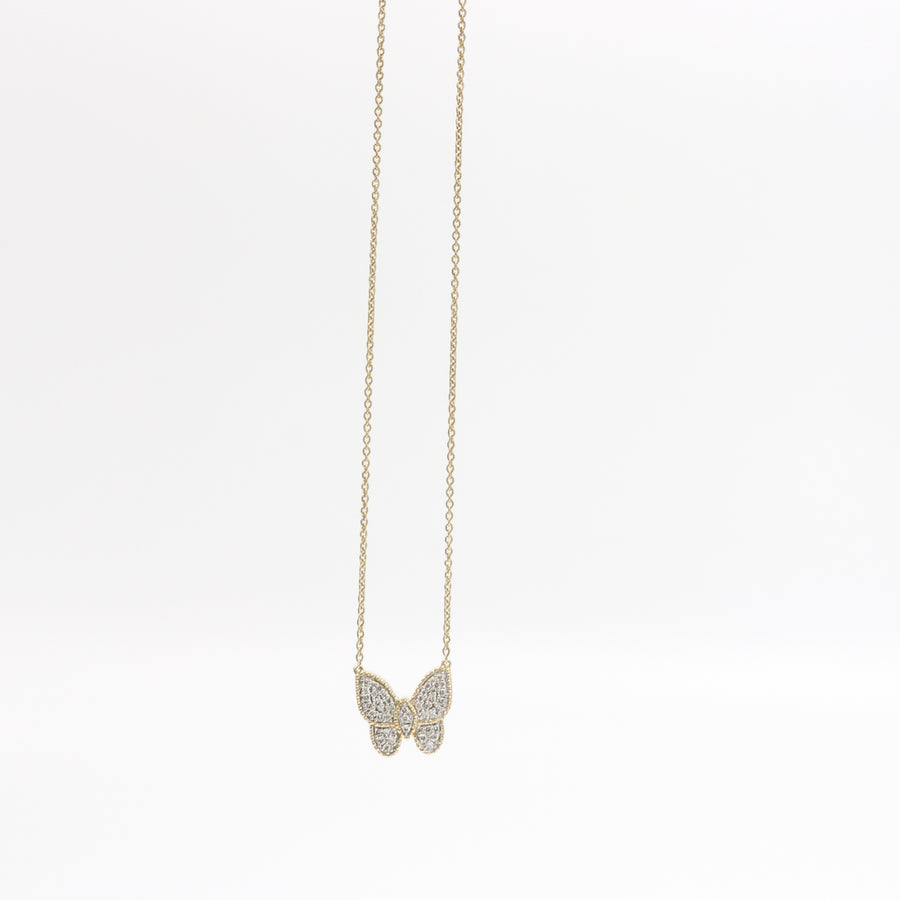 YELLOW GOLD DIAMOND BUTTERFLY PENDANT WITH NECKLACE.