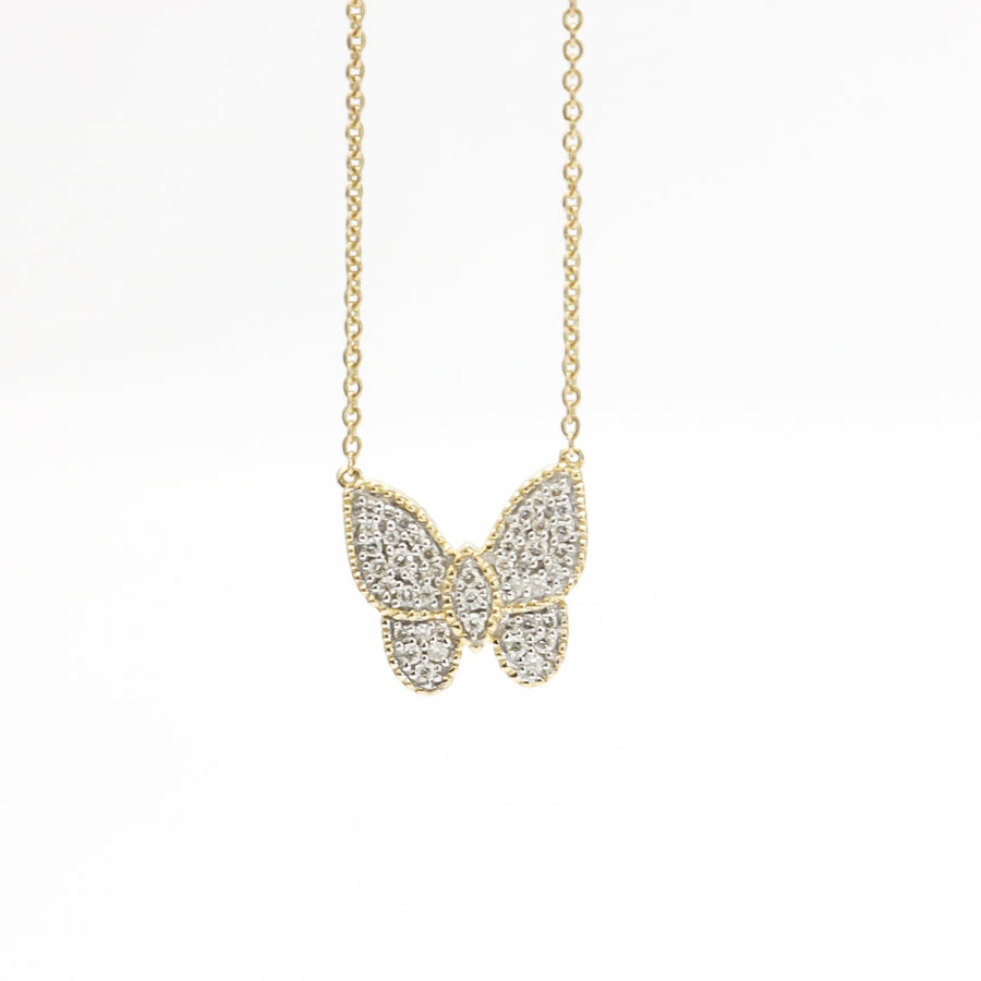 YELLOW GOLD DIAMOND BUTTERFLY PENDANT WITH NECKLACE.