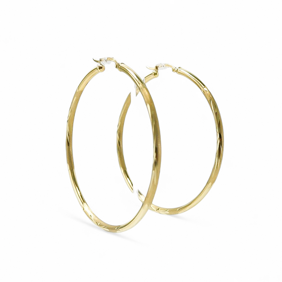 YELLOW GOLD LARGE HOOP EARRINGS DIAMOND CUT FINISHED