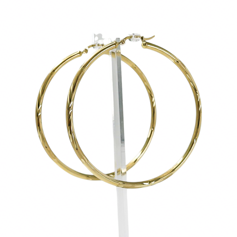 YELLOW GOLD LARGE HOOP EARRINGS DIAMOND CUT FINISHED