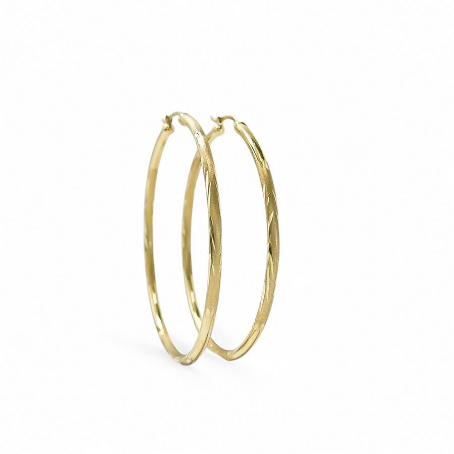 YELLOW GOLD LARGE HOOP EARRINGS DIAMOND CUT FINISHED