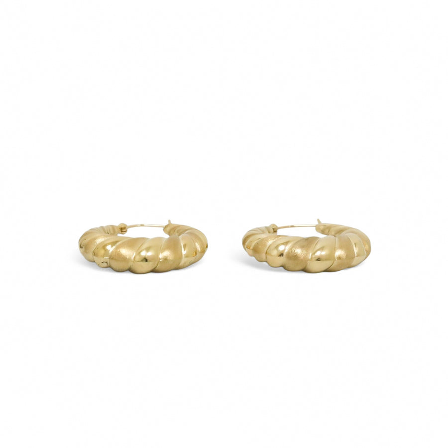 YELLOW GOLD MATTE AND POLISHED SHRIMP HOOP EARRINGS