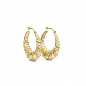 YELLOW GOLD MATTE AND POLISHED SHRIMP HOOP EARRINGS