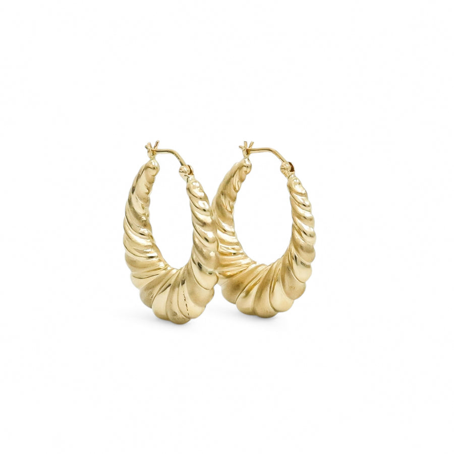 YELLOW GOLD MATTE AND POLISHED SHRIMP HOOP EARRINGS