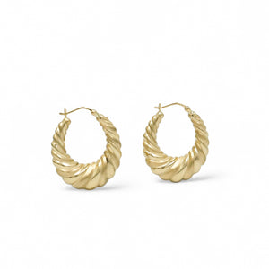 YELLOW GOLD MATTE AND POLISHED SHRIMP HOOP EARRINGS