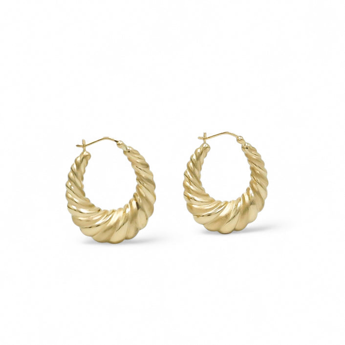 YELLOW GOLD MATTE AND POLISHED SHRIMP HOOP EARRINGS