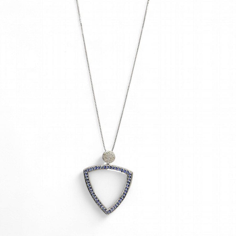 WHITE GOLD NATURAL SAPPHIRE PENDANT WITH DIAMONDS AND GOLD CHAIN