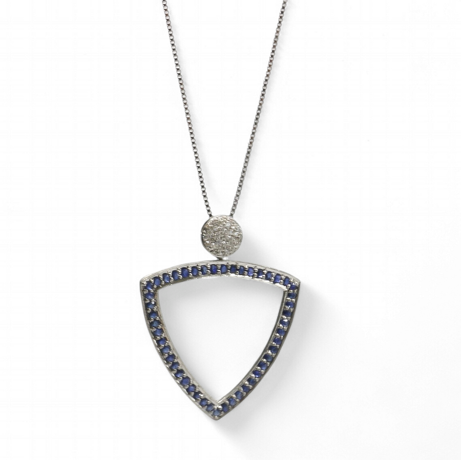 WHITE GOLD NATURAL SAPPHIRE PENDANT WITH DIAMONDS AND GOLD CHAIN