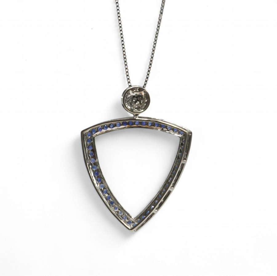 WHITE GOLD NATURAL SAPPHIRE PENDANT WITH DIAMONDS AND GOLD CHAIN