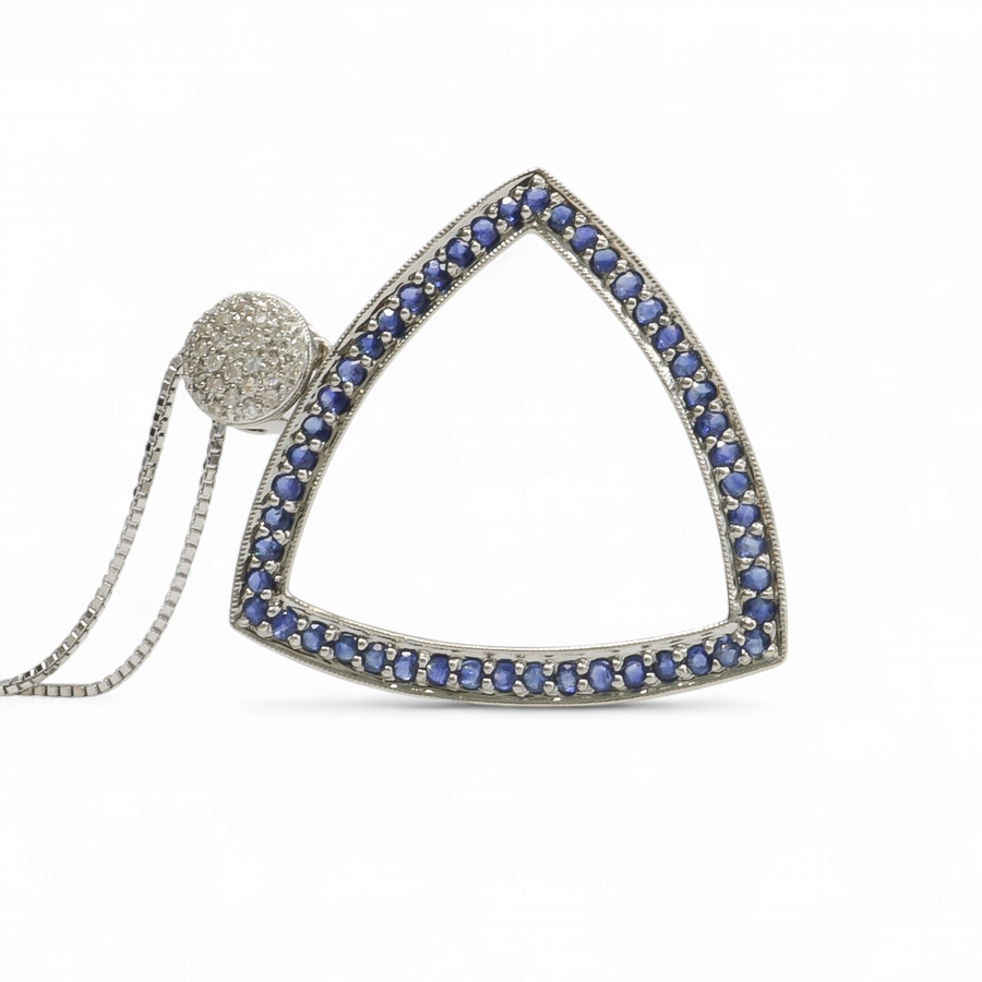 WHITE GOLD NATURAL SAPPHIRE PENDANT WITH DIAMONDS AND GOLD CHAIN