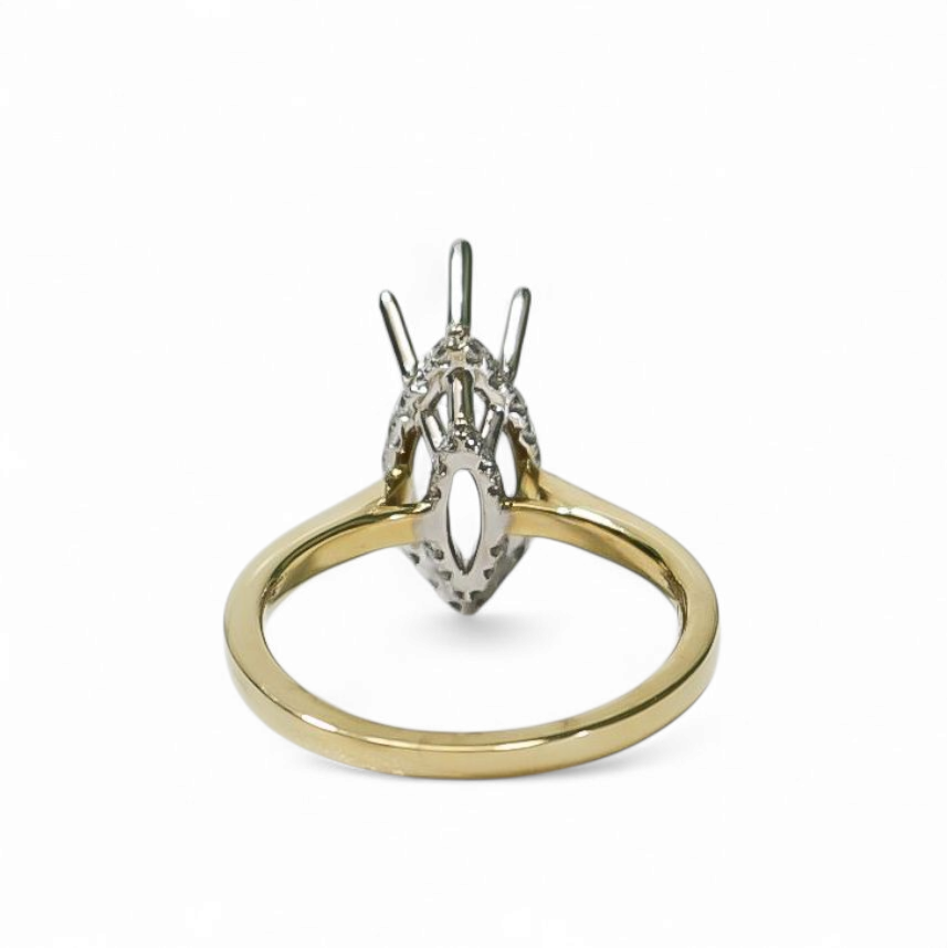 TWO TONE GOLD SEMI MOUNT RING SETTING FOR A MARQUISE CUT CENTER STONE
