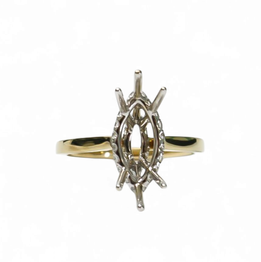 TWO TONE GOLD SEMI MOUNT RING SETTING FOR A MARQUISE CUT CENTER STONE