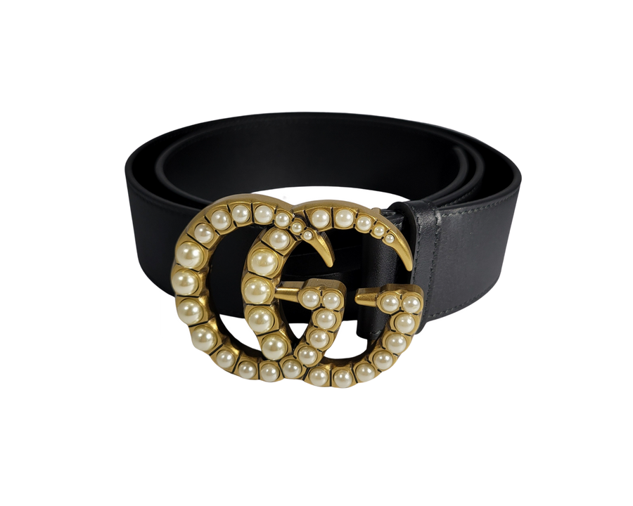 GUCCI BLACK BELT W/ DOUBLE G PEARLY BUCKLE